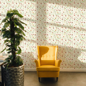 salon z tapetą w drobny wzór roślinny